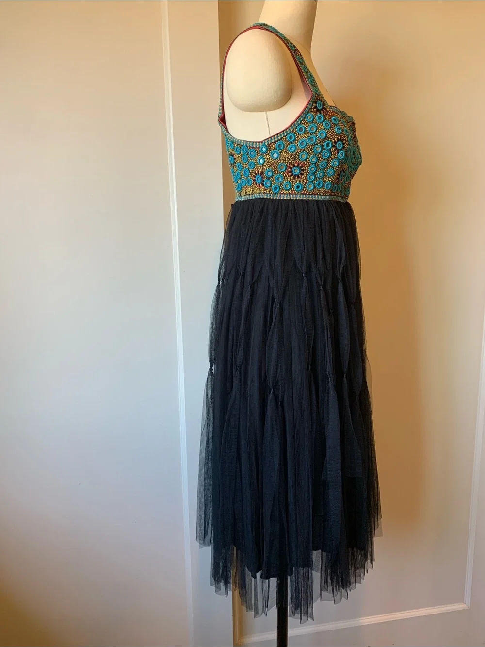 Free People Mirrored Turquoise & Gold Embroidered Dress with Black Net Skirt